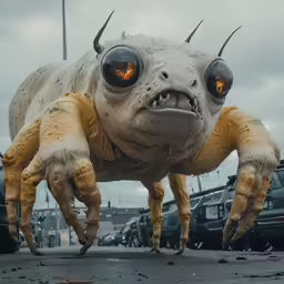 strange creature with large eyes walking on the street