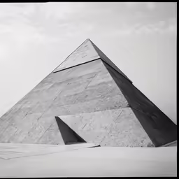 a black and white image of two pyramids