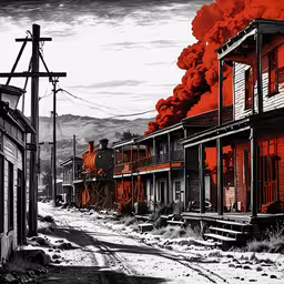 an artistic rendering of a factory with fire coming out,an illustration of a train coming down the tracks