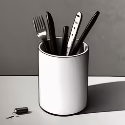 a cup of forks and a knife are shown