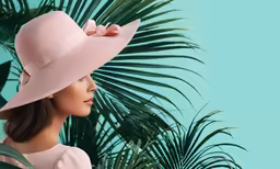 woman wearing a pink hat and sitting in a chair with palm trees