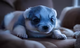 a small puppy sits on a blanket