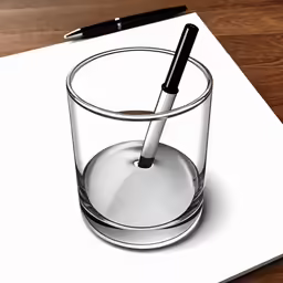 a glass with a pen on top of it