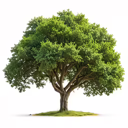 the tree is in the field and has green leaves