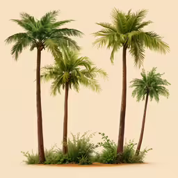 a pair of palm trees in some plants,three palm trees with grass on top