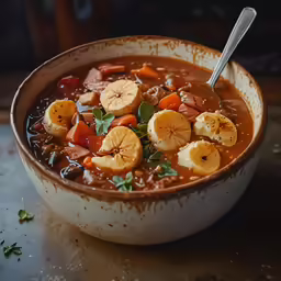 soup with banana and other fruits in an old bowl