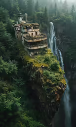 a picture of a building sitting on top of a cliff by a waterfall
