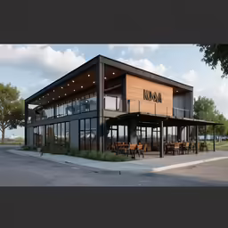 a very tall and wooden building with tables outside