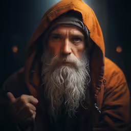 the man has long hair and a orange hoodie