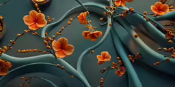 blue wall with orange flowers and a clock