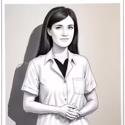 a black and white drawing of a woman wearing an apron