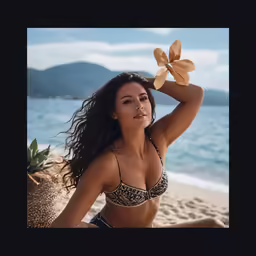 a woman in a bikini sits on the beach
