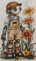 an illustration of a man with flowers and a gun