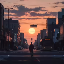 a person walks across the street as the sun sets