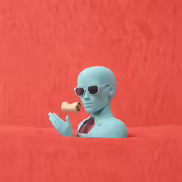 a small man with sunglasses and holding something up to his mouth