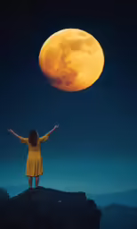 girl in yellow dress looking up at the sky at night