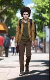 the young man is walking down the street