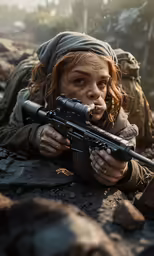 a woman in a beanie laying down holding a gun