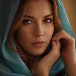 woman with head scarves looking to camera