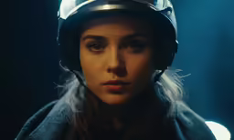 the woman is wearing a helmet and looking down