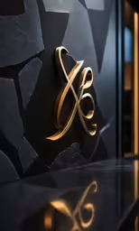 a black and gold logo hangs on the wall