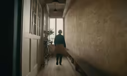 a person standing in an empty corridor between two windows