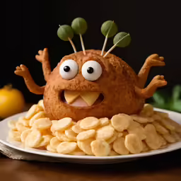 a piece of food with eyes and antennae sitting on top of chips