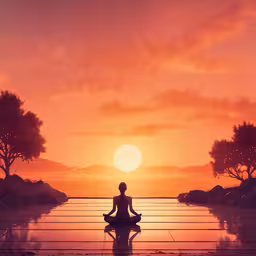a woman is doing yoga in front of a sunset,a person sitting on top of a bench in the middle of a lake