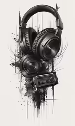 black and white ink painting of headphones