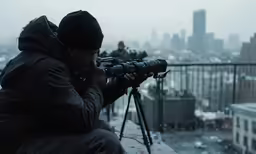 a man taking photos from a window ledge