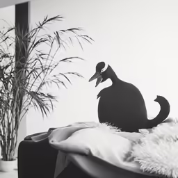 a black bird sitting on a black bed