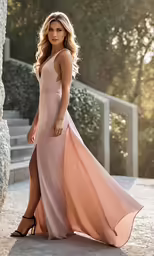 the sexy blonde model wears a nude, halter style dress with a slit side