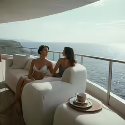 two women sitting on a couch overlooking the ocean
