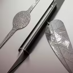 two knifes on display next to some knife blades