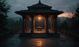 a gazebo sitting under a large cloudy sky