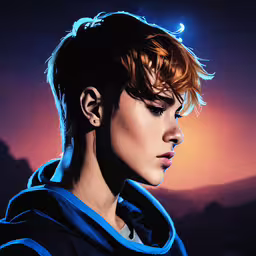 a boy in a hooded sweatshirt looking at something while in the distance,the head of a person wearing a hoodie with the sun shining down on their shoulders