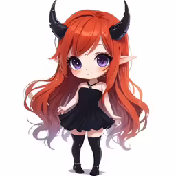 an anime character with long red hair wearing a devil costume