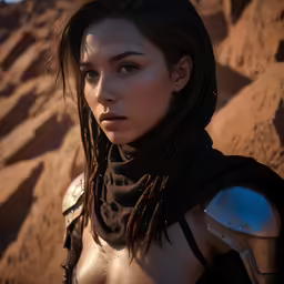a female character in armor is shown with long hair and a scarf