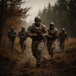 a group of soldiers walk down a dirt path