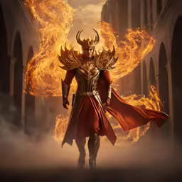 anubil holding torches with fire behind it