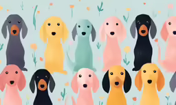 a painting of dogs all wearing different colors