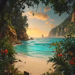 a painting depicting tropical beach scene with an island