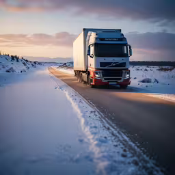a semi trailer truck traveling on the snow covered road,a large truck on a snowy road near some trees