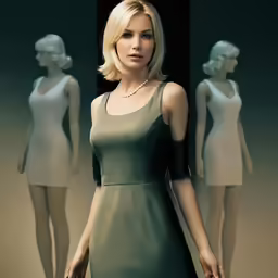 this is a picture of a woman standing in front of mannequins