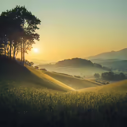 the sun is setting over a rural countryside
