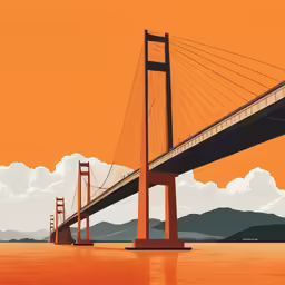 a large suspension bridge spanning across water under an orange sky