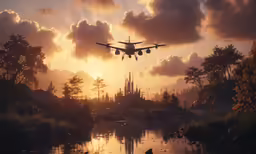 a plane flying over a lake during sunset