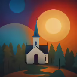 a painting that shows a church with a blue roof