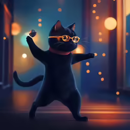 a cute little black cat is dancing and posing