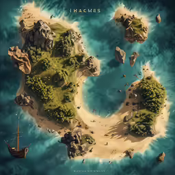 a small island in the ocean with two sailboats